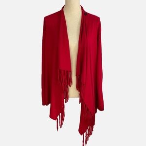 Olsen Europe Women’s Cardigan Size M/L 12 Red Fringe Wool Blend Multiple Ways